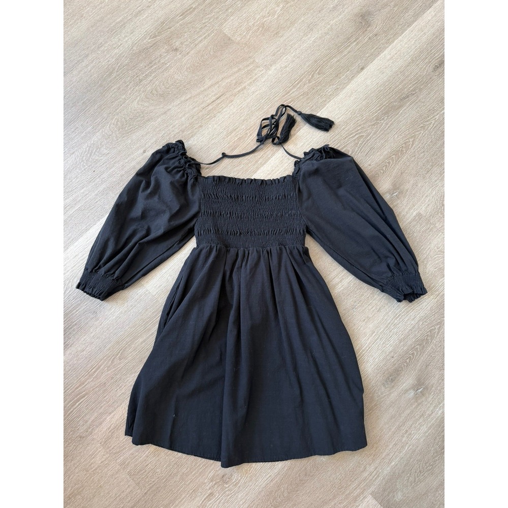 Papermoon Womens Black Boho Off Shoulder Balloon Sleeve Smocked Mini Dress M